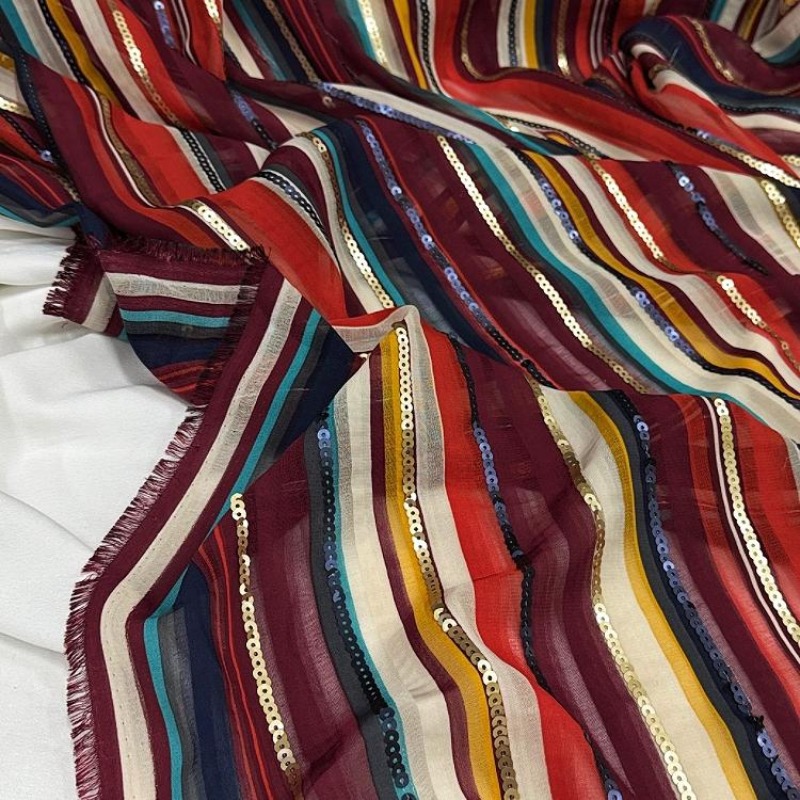 Ethnic Fashion Designer - Kolorowa, prążkowana, haftowana tkanina z cekinami
