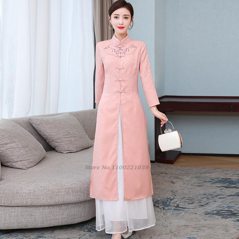 Ao Dai Vietnam Dress - Zestaw: sukienka aodai w stylu retro
